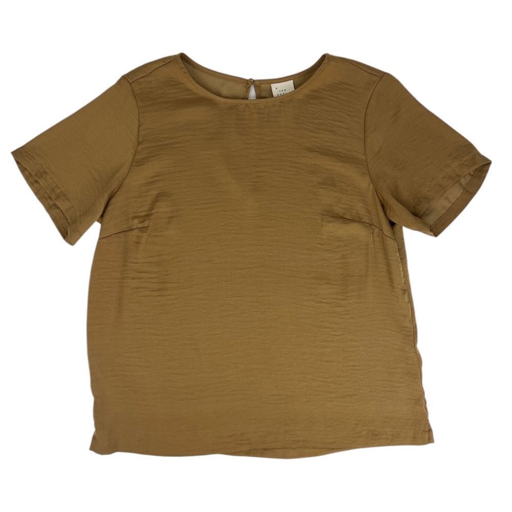 A New Day Mustard Yellow Brown Boxy Short Sleeve Silky‎ Blouse Size Medium